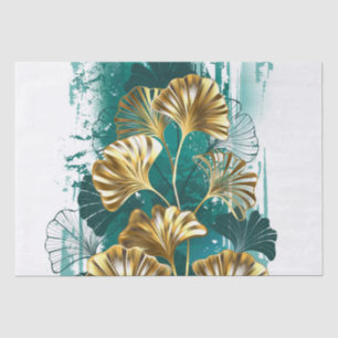 Papier Mousseline Branche avec Feuilles d'or Ginko Biloba