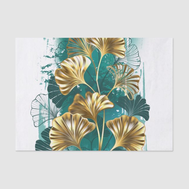 Papier Mousseline Branche avec Feuilles d'or Ginko Biloba (Recto)