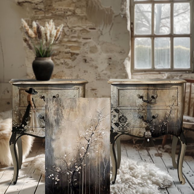 Papier Mousseline Branche d'arbre aux fleurs blanches Abstrait mélan (Black Tie, Elegant, Rustic, Floral Blossoms Moody Aesthetics, Decoupage Tissue Paper.)