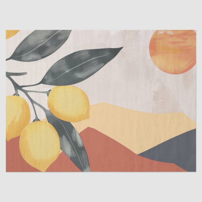 Papier Mousseline Branche de citron bohème avec soleil abstrait mini (Recto)