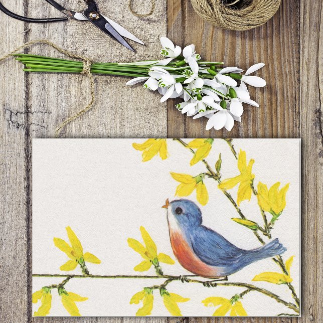 Papier Mousseline Branche de l'arbre d'oiseaux bleu chantant mignon (Cute singing blue red bird on branch yellow flowers on textured look white tissue wrap paper.)