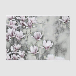 Papier Mousseline Branche de magnolia rose tirant sur fond noir gris