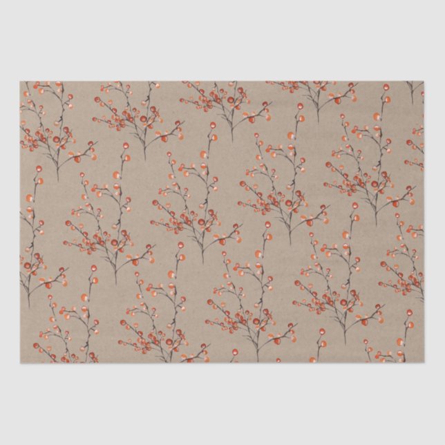 Papier Mousseline Branches de Berry Rustique Kraft Red Ilex (Recto)