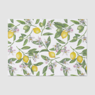 Papier Mousseline Branches de citron avec fleurs et fruits sur blanc