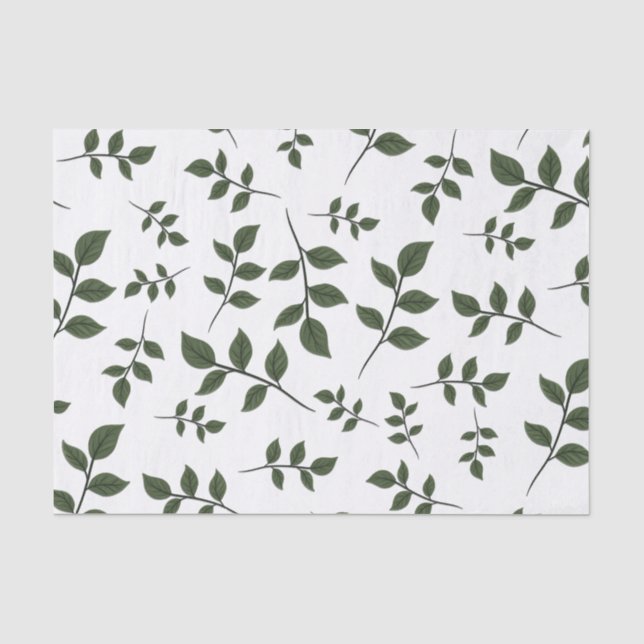 Papier Mousseline Branches de feuillage avec Feuilles verts en blanc (Recto)