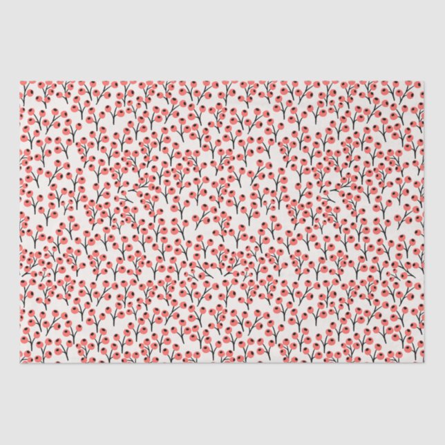 Papier Mousseline Branches de Noël peintes à la main Berries Rouge B (Recto)