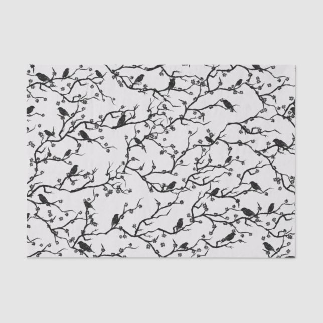 Papier Mousseline Branches Oiseaux et Sakura Peinture japonaise (Recto)