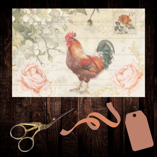 Papier Mousseline Brick Red Green Rooster Farmhouse Chic avec Rose (Créateur téléchargé)