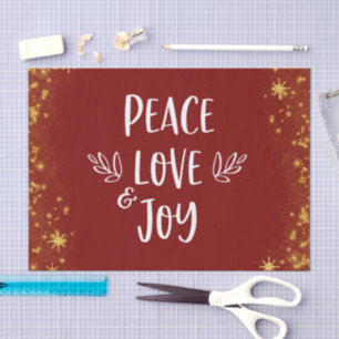 Papier Mousseline Brick Red Peace Love Joy Christmas Gold Stars