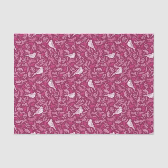 Papier Mousseline Bright rose Mauve Hiver Blanc Bird Motif Floral (Recto)
