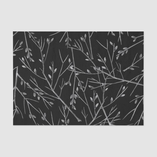 Papier Mousseline Brindilles d'argent sur noir (Recto)