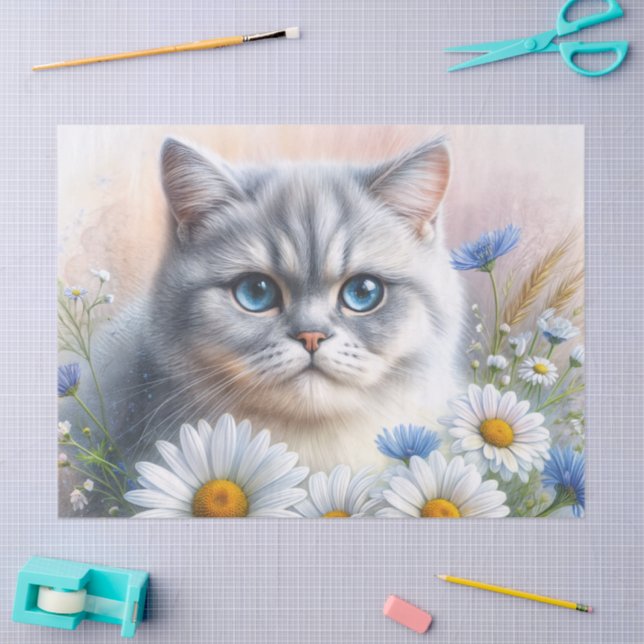 Papier Mousseline British Shorthair Cat Floral Art (Artisanat)