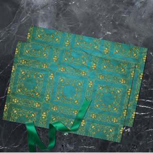 Papier Mousseline Brocade classique Royal Gold Damask sur Turquoise