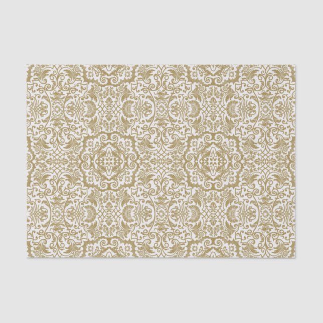 Papier Mousseline Brocade Gold Damask sur cadeau blanc ou découpage (Recto)
