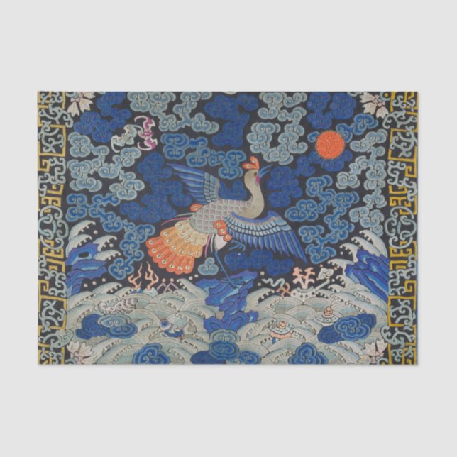 Papier Mousseline Broderie chinoise bleu d'oiseau Vintage (Recto)