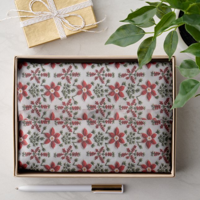 Papier Mousseline Broderie florale rouge et blanche (Cadeau)