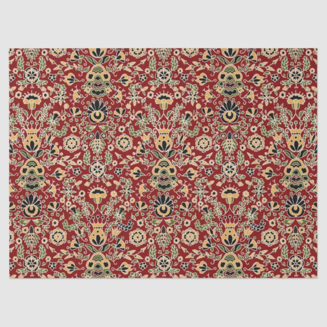 Papier Mousseline Broderie folle Jaune, Vert, Noir sur Rouge profond (Recto)