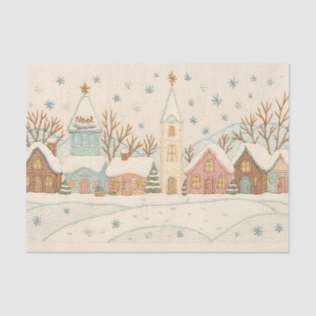Papier Mousseline Broderie Noël Snowy Village scène (Recto)