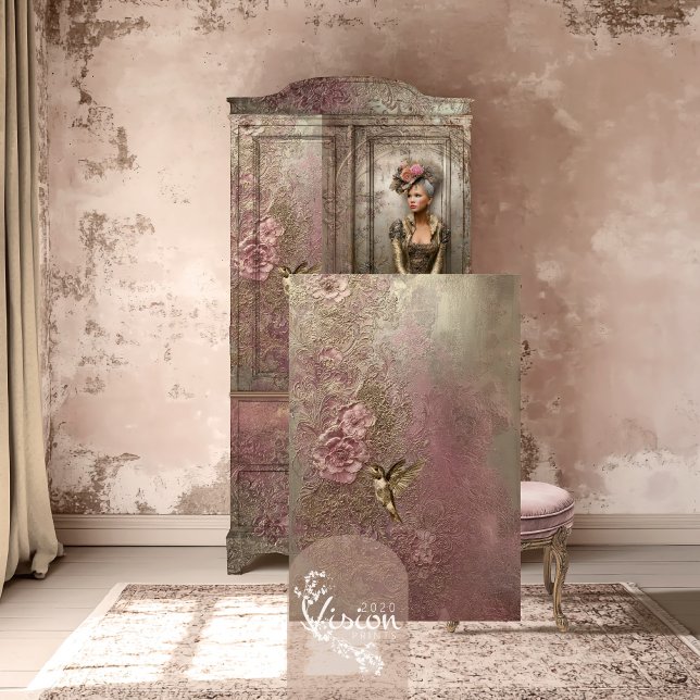 Papier Mousseline Bronze Blush, Gold Hummingbird, Embossed Patina (Bronze Blush, Gold Hummingbird, Metallic Effect, Embossed Floral Patina Decoupage Tissue Paper.)
