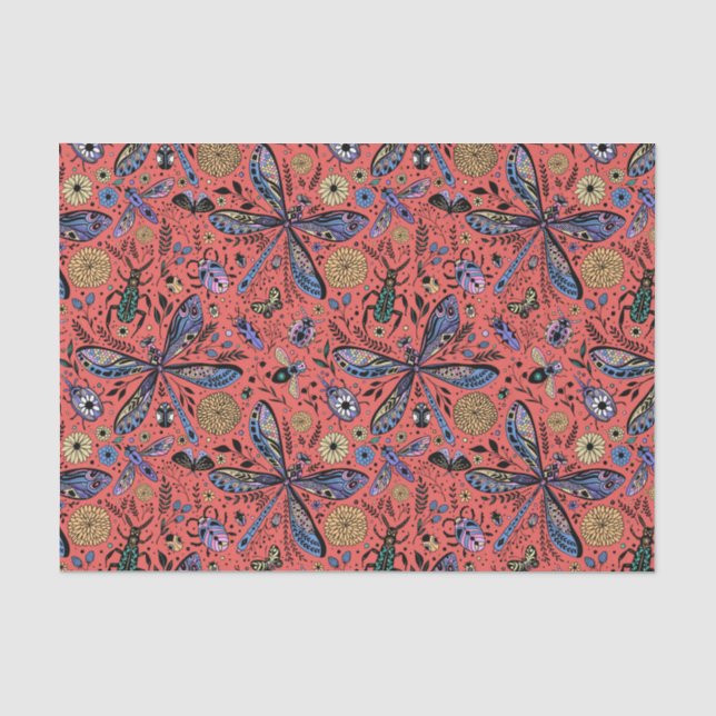 Papier Mousseline Bugs de Doodle sur corail rouge (Recto)