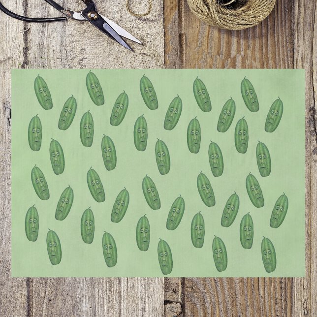 Papier Mousseline Bunch of Funny Green Pickles Surprised Faces green (bunch of funny green pickles with surprised looking faces on light green wrapping tissue paper.)