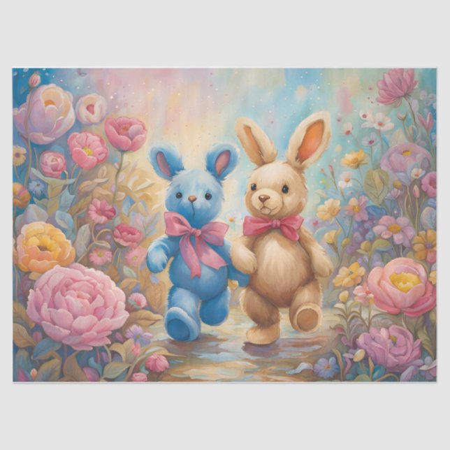 Papier Mousseline Bunnies Stuffés Dans un Jardin Pastel (Recto)