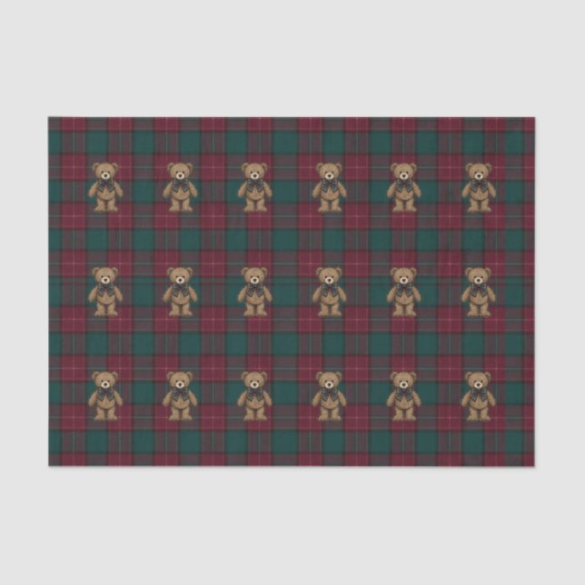 Papier Mousseline Burgundy and Green Teddy Tartan Tissue Paper (Recto)