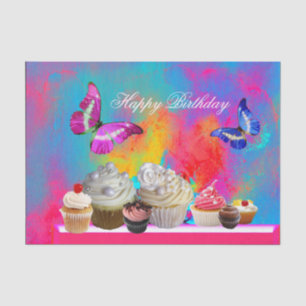 PAPIER MOUSSELINE BUTTERFLIES YUMMY CUPCAKES, ANNIVERSAIRE COLORÉ