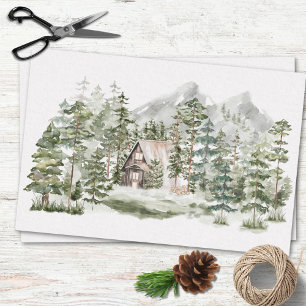 Papier Mousseline Cabane aquarelle dans la forêt de pins verts boisé