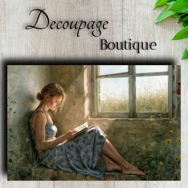Papier Mousseline Cabane de lecture Dame Rustique Bleue Decoupage (Rustic Blue Reading Lady - cottage Decoupage Paper)
