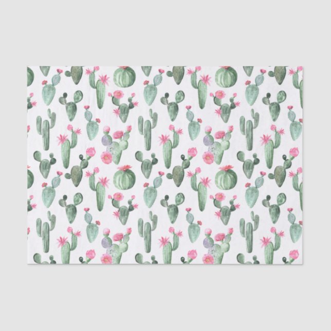 Papier Mousseline Cactus aquarelle vert et rose (Recto)