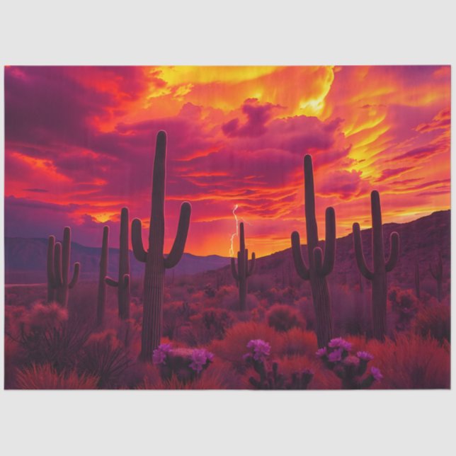 Papier Mousseline Cactus du désert Coucher de soleil Éclair Dramatiq (Recto)