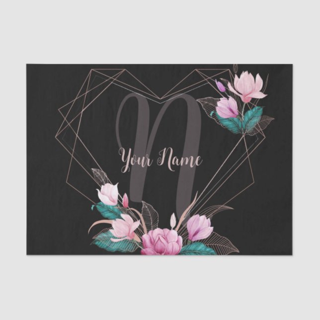 Papier Mousseline Cadre géométrique floral rose avec monogramme noir (Recto)