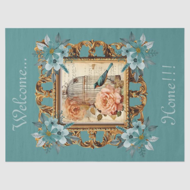 Papier Mousseline Cage encadrée d'oiseaux floraux et découpage de sc (Recto)