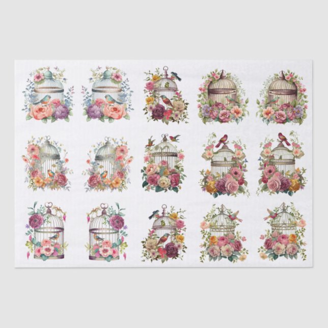 Papier Mousseline Cages à oiseaux floraux pour petits projets de déc (Recto)