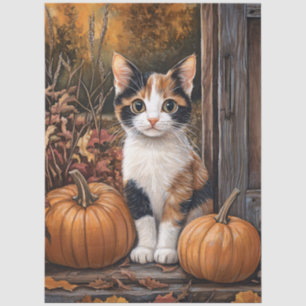 Papier Mousseline Calico Kitten Assis Entre Les Feuilles D'Automne D