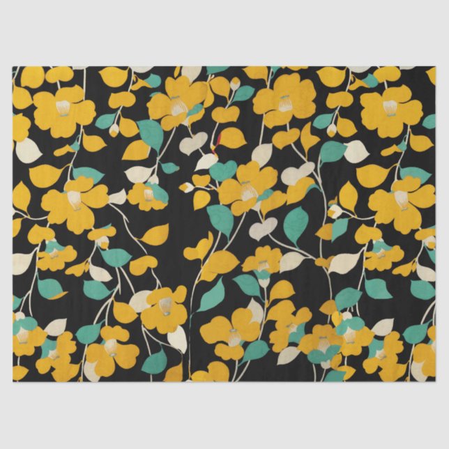 PAPIER MOUSSELINE CAMELLIAS JAUNES, FEUILLES BLANCS VERTS NOIR (Recto)