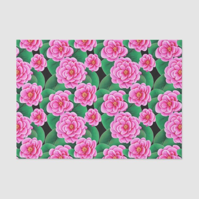 Papier Mousseline Camellias rose Fuchsia et Feuilles verts Jade (Recto)