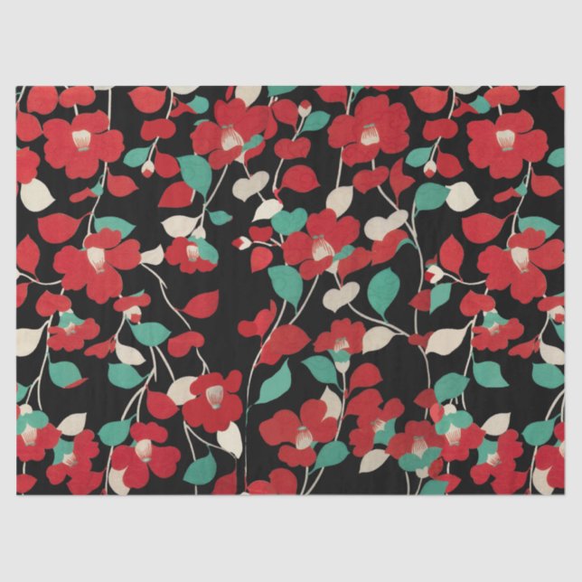Papier Mousseline CAMELLIAS ROUGES, FEUILLES BLANCS VERTS NOIR Flora (Recto)