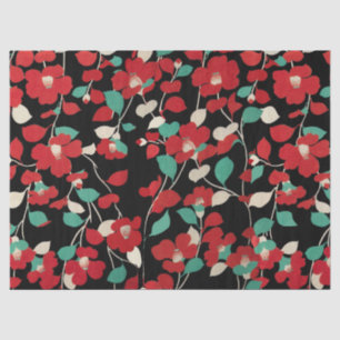 Papier Mousseline CAMELLIAS ROUGES, FEUILLES VERTS BLANCS Floral noi