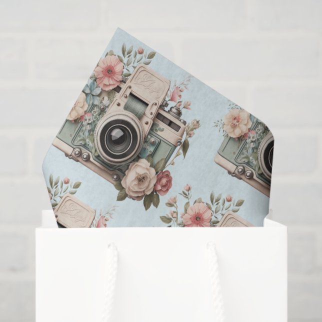 Papier Mousseline Camera with Flowers Retro Pastel Image Pattern (Sac cadeau)