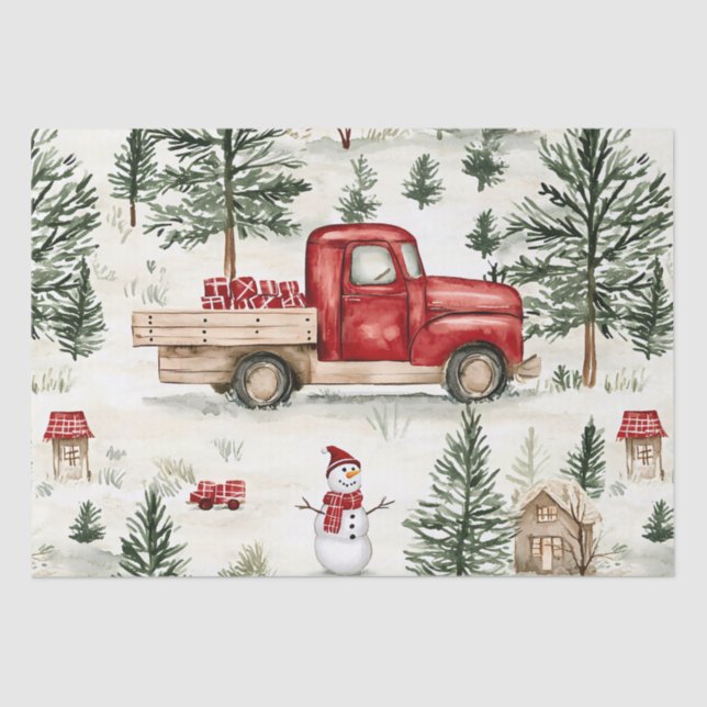 Papier Mousseline Camion rouge avec cadeaux et bonhomme de neige (Recto)