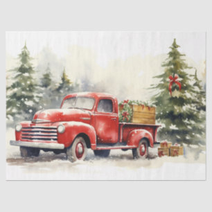 Papier Mousseline Camion rouge vintage avec pins de Noël neigeux
