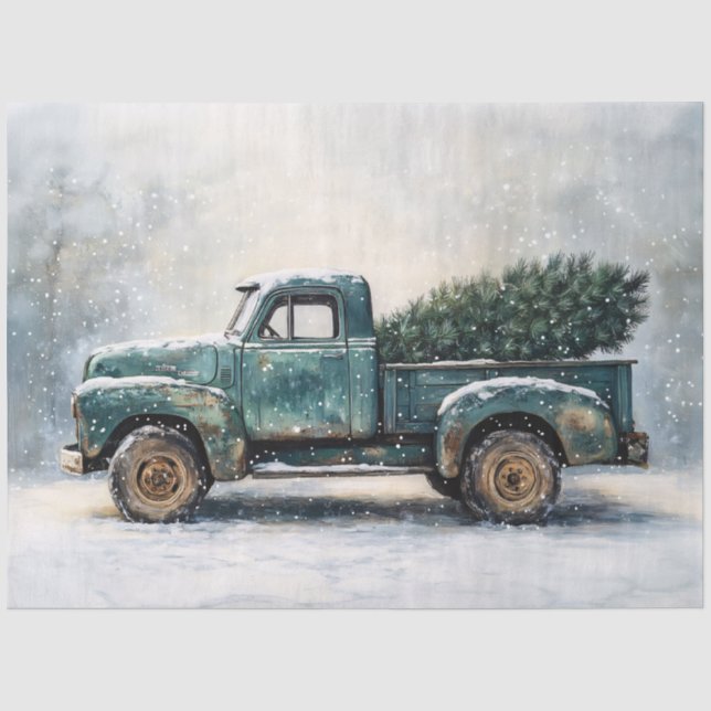 Papier Mousseline Camion vert rustique avec arbre de Noël (Recto)