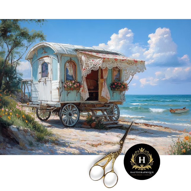 Papier Mousseline Caravane Gitane Bleue de Bord de Mer Decoupage  (Créateur téléchargé)