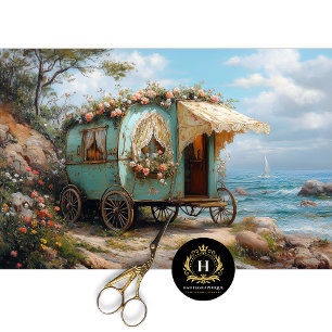 Papier Mousseline Caravane Gitane Bohème Fleurs Décorées en Découpag