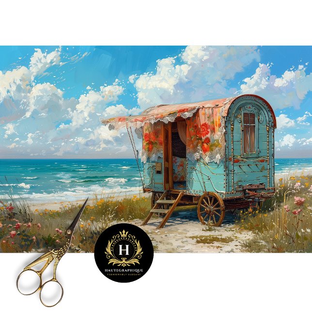 Papier Mousseline Caravane Gitane de Bord de Mer Turquoise Decoupage (Créateur téléchargé)