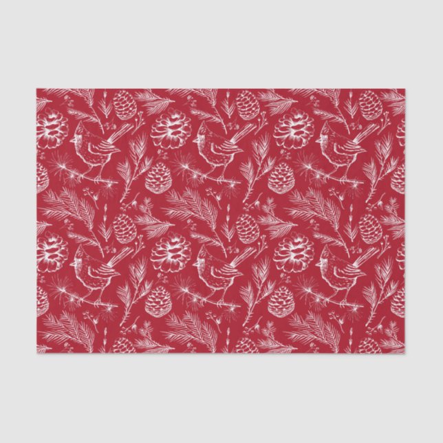 Papier Mousseline Cardinal perché, Pinecones et Berries d'hiver Roug (Recto)