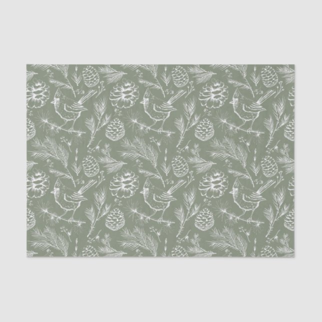 Papier Mousseline Cardinal perché, Pinecones et Sage de baies d'hive (Recto)