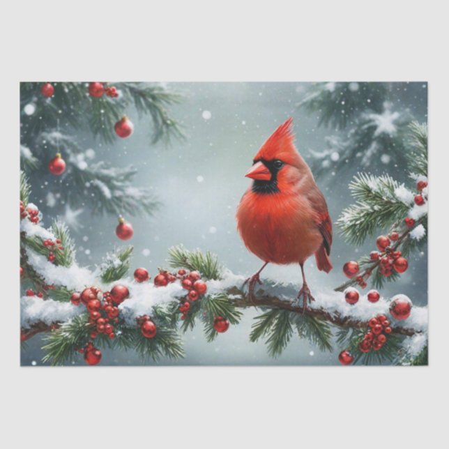 Papier Mousseline Cardinal rouge de Noël sur une branche enneigée (Recto)